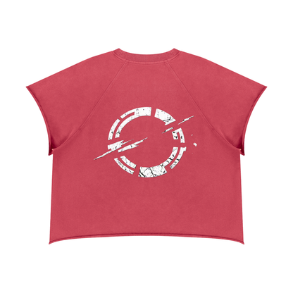Red boxy crewneck T-shirt with distressed circular glitch graphic on front