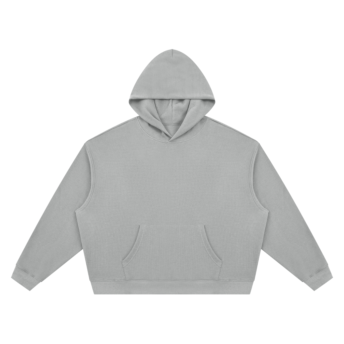 Medium gray unisex boxy pullover hoodie with hood and front kangaroo pocket