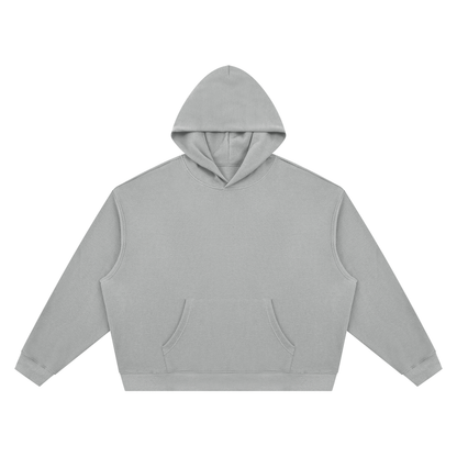 Medium gray unisex boxy pullover hoodie with hood and front kangaroo pocket