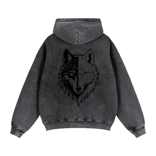 Oversized zip-up hoodie in dark gray with front wolf face graphic and hood.