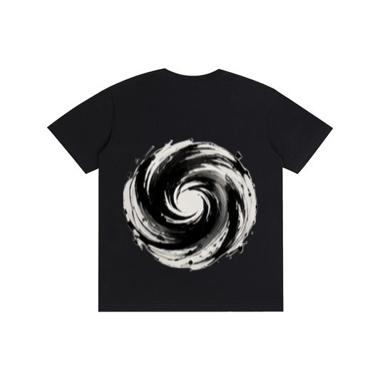 Classic black unisex crew-neck T-shirt with abstract swirl graphic on the front