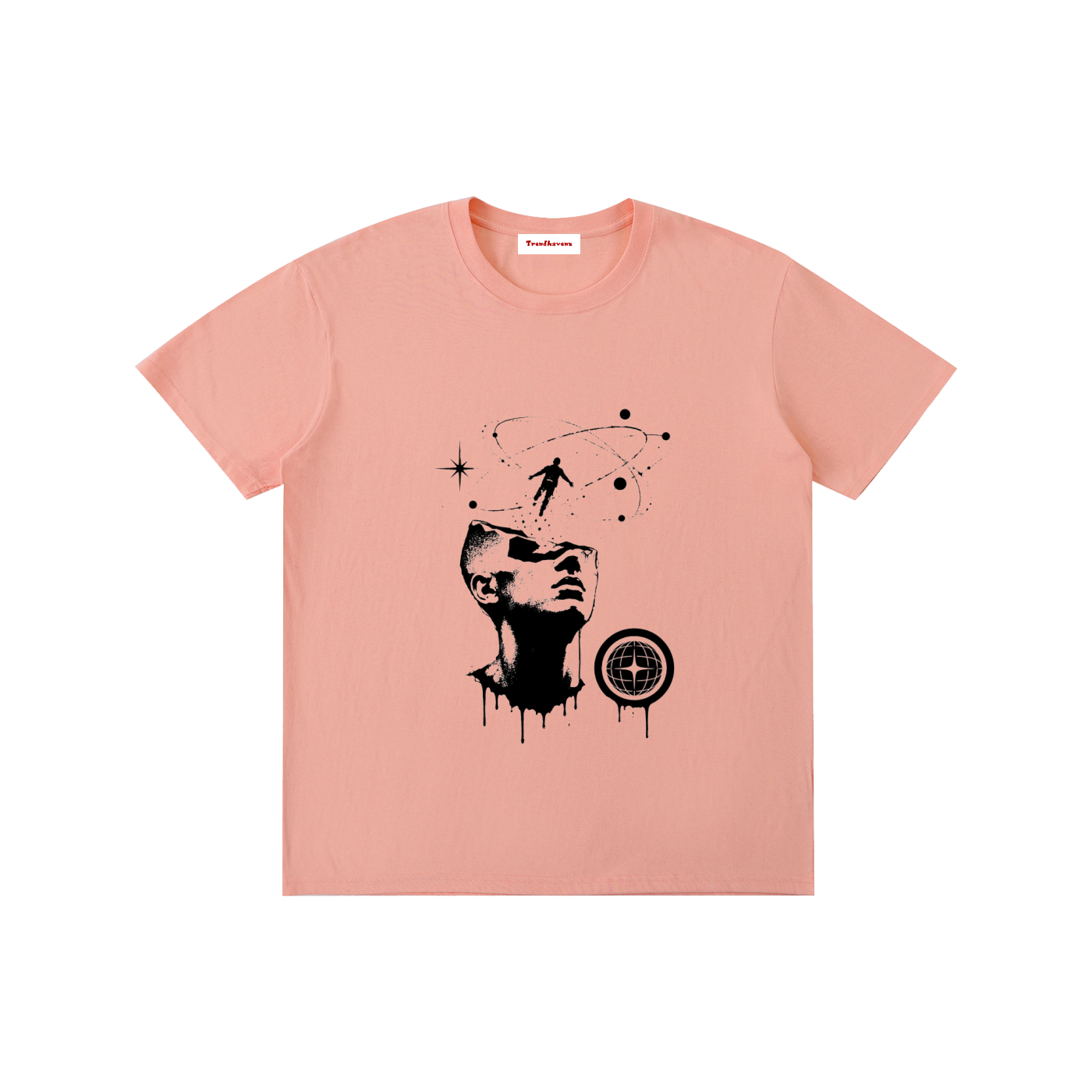 Unisex cotton T-shirt, light pink, front graphic print with portrait and dreamcatcher-style motif