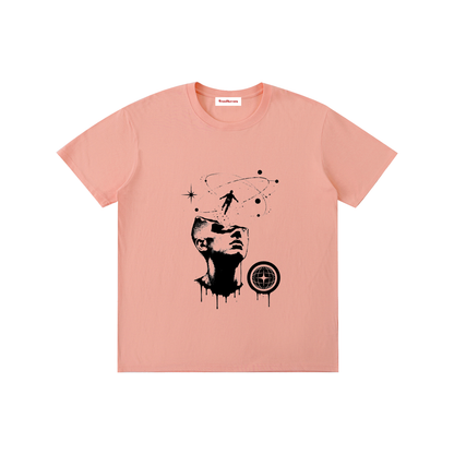 Unisex cotton T-shirt, light pink, front graphic print with portrait and dreamcatcher-style motif