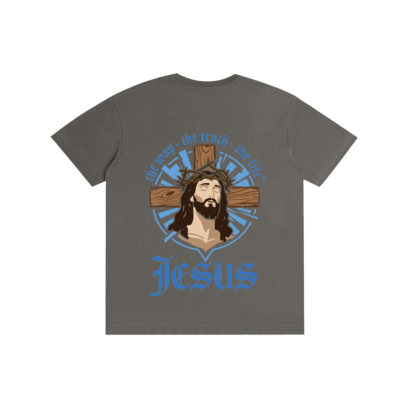 Unisex pure cotton T-shirt, charcoal gray with Jesus logo in blue and gold