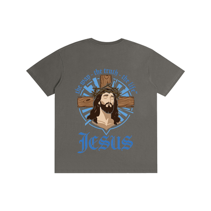 Unisex pure cotton T-shirt, charcoal gray with Jesus logo in blue and gold