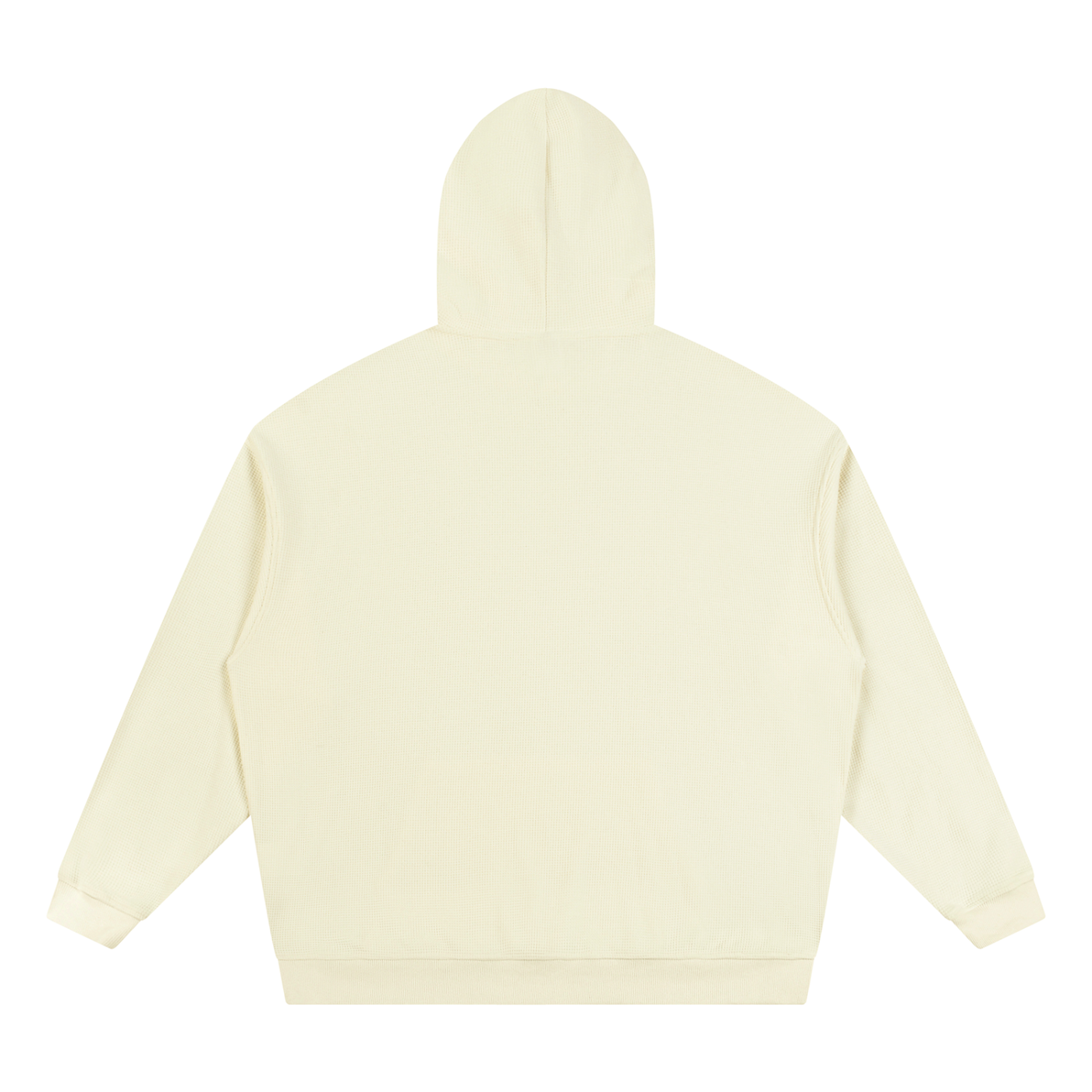 Cream unisex waffle hoodie, back view with hood and long sleeves