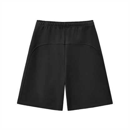 Black heavyweight fleece shorts, elastic waistband with drawstring, back view