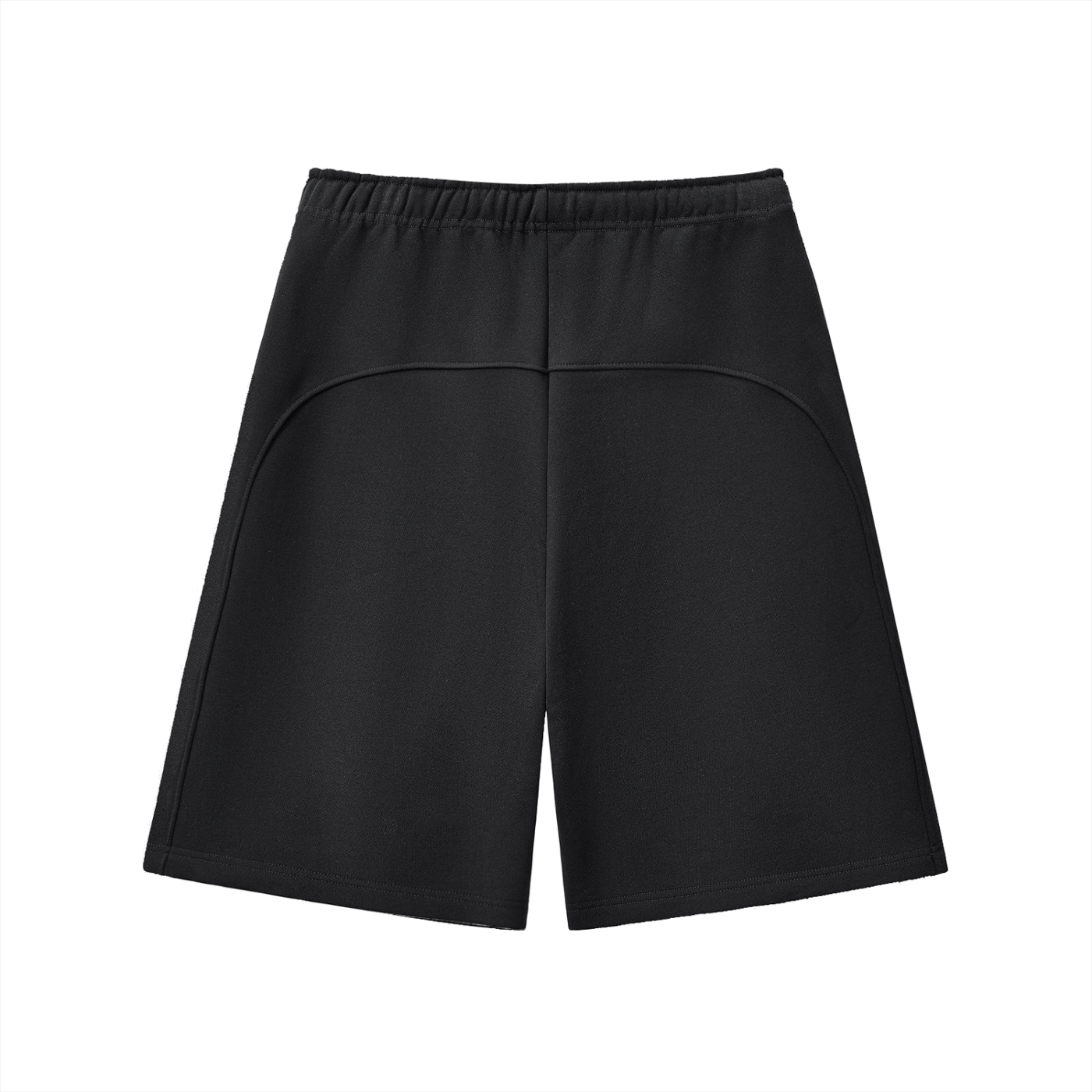 Unisex heavyweight fleece shorts, black, back view with yoke seam and drawstring