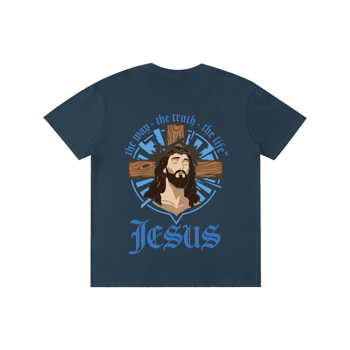 Unisex cotton T-shirt, navy blue, Jesus logo with blue sunburst