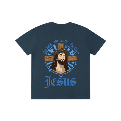 Unisex cotton T-shirt, navy blue, Jesus logo with blue sunburst