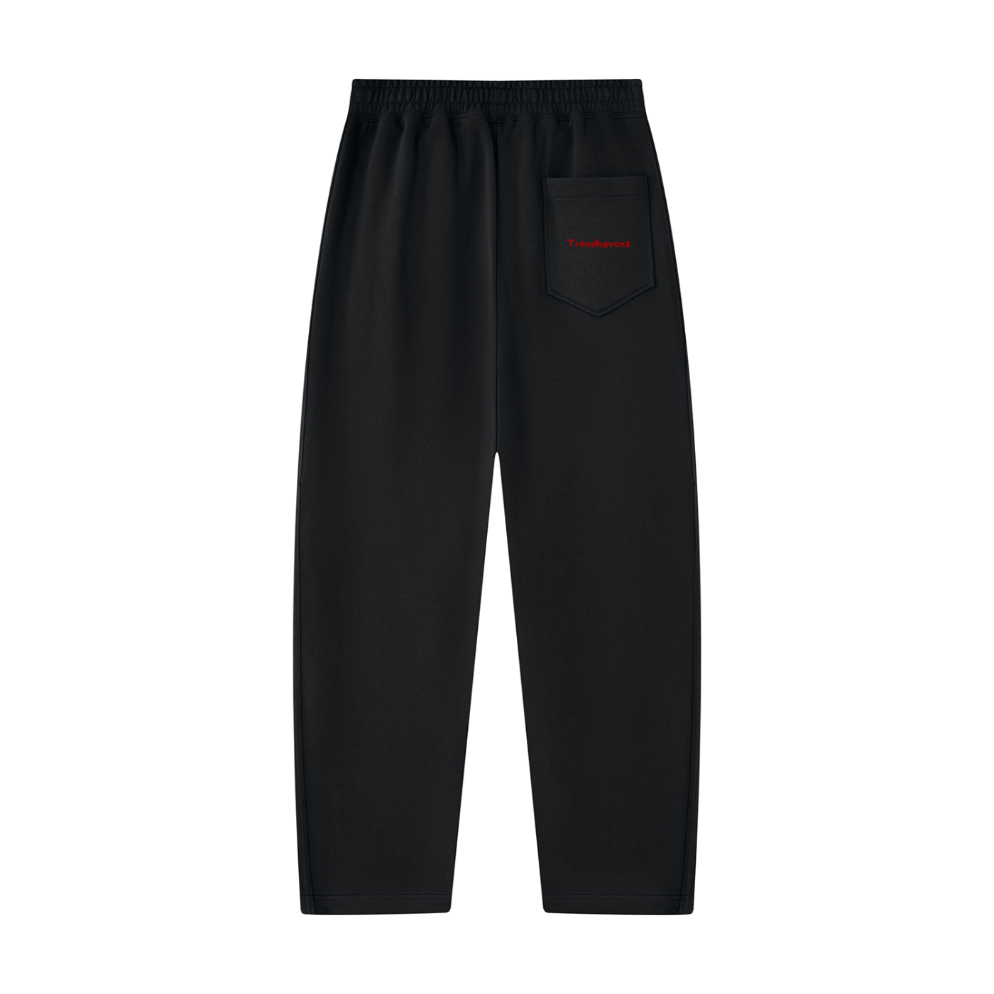 Black unisex tapered straight hem sweatpants, elastic waist, small logo label on front pocket