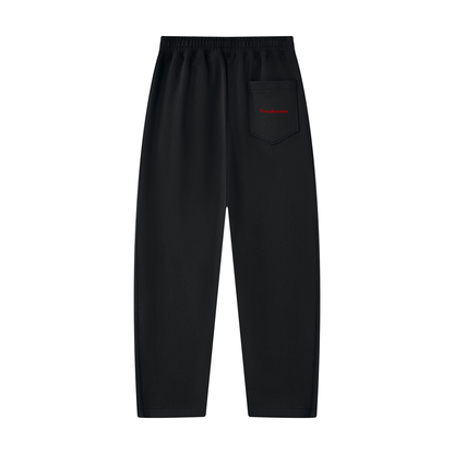 Black unisex tapered straight hem sweatpants, elastic waist, small logo label on front pocket