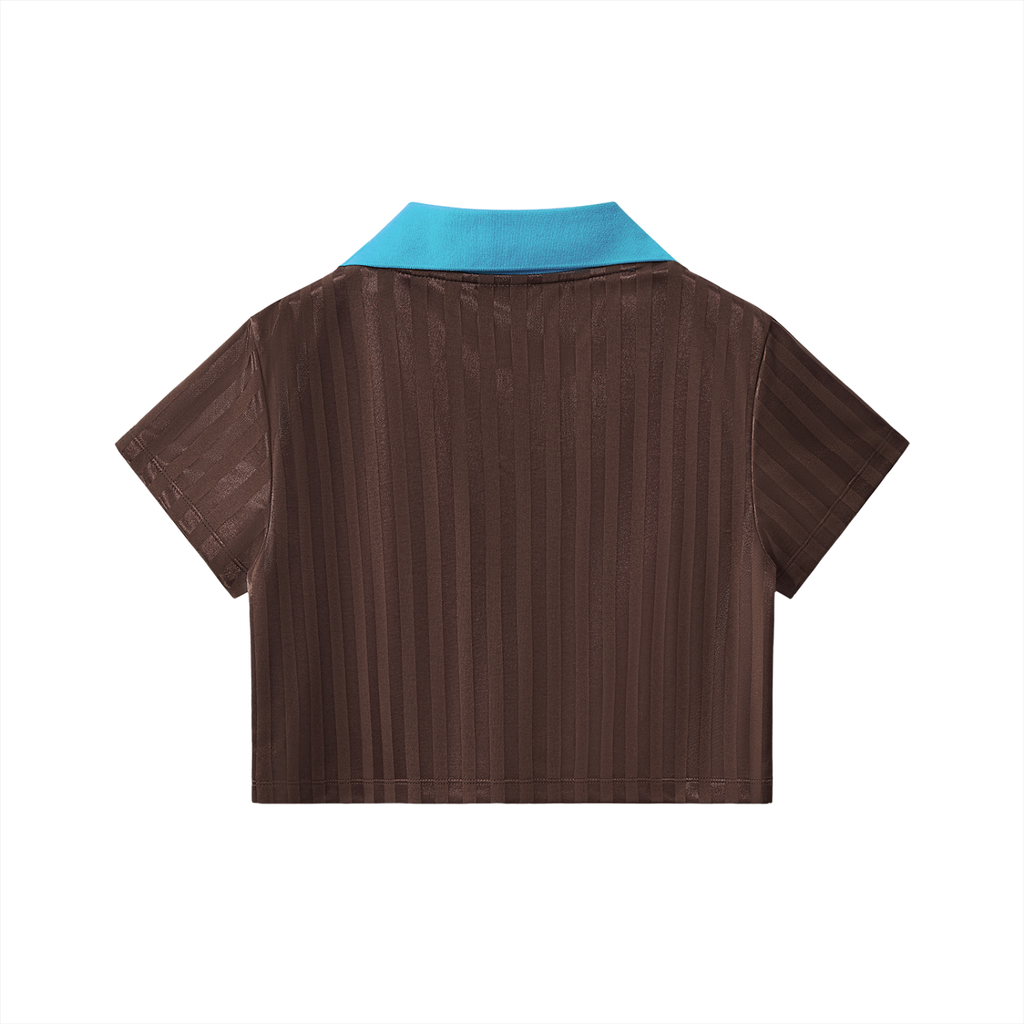 Back view of cropped jersey top in brown with contrast teal collar.