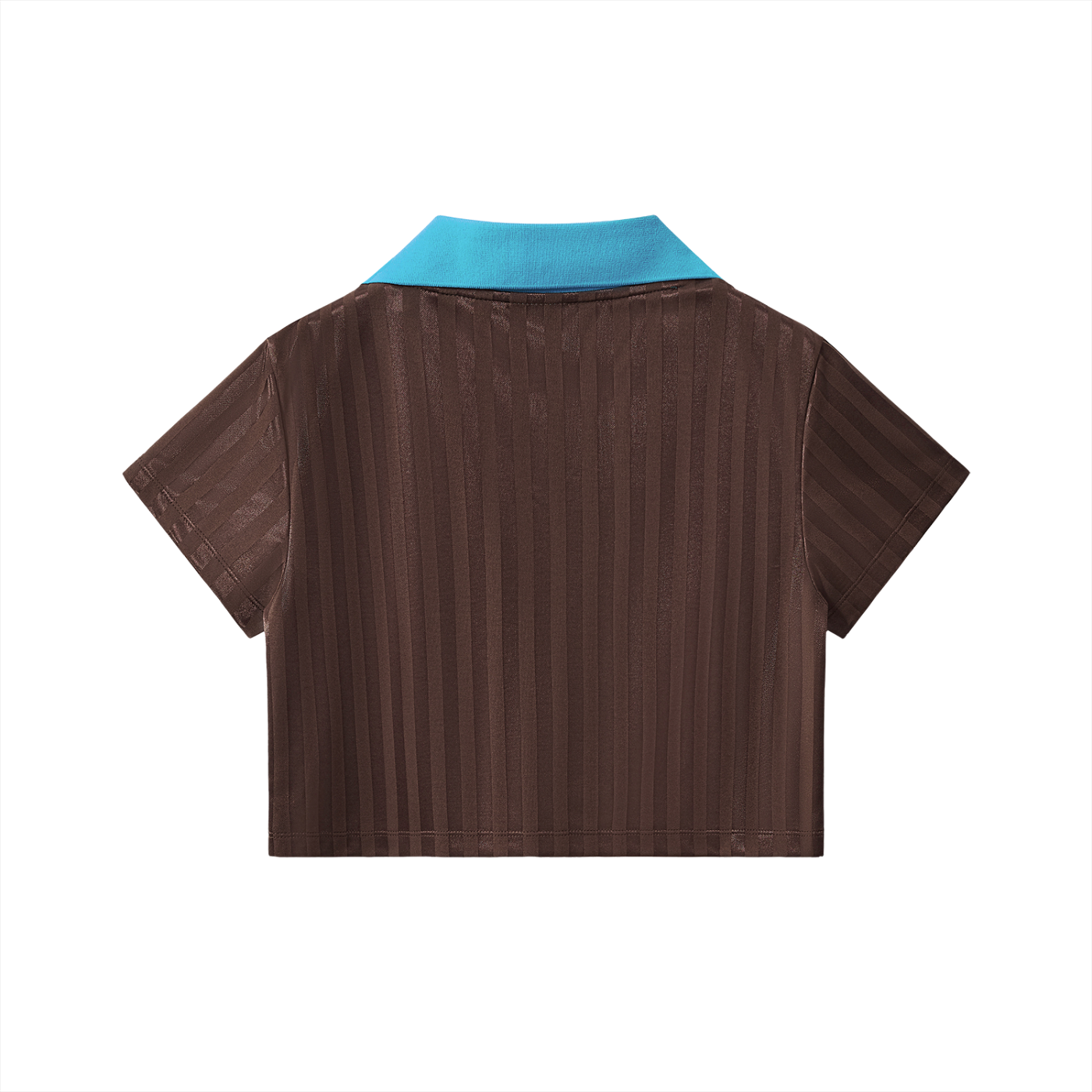Back view of cropped jersey top in brown with contrast teal collar.