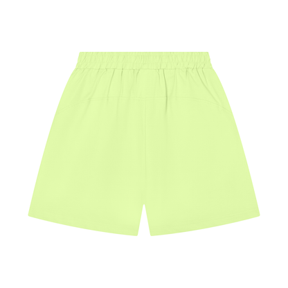 Neon green cotton shorts with elastic waist and roomy straight leg opening