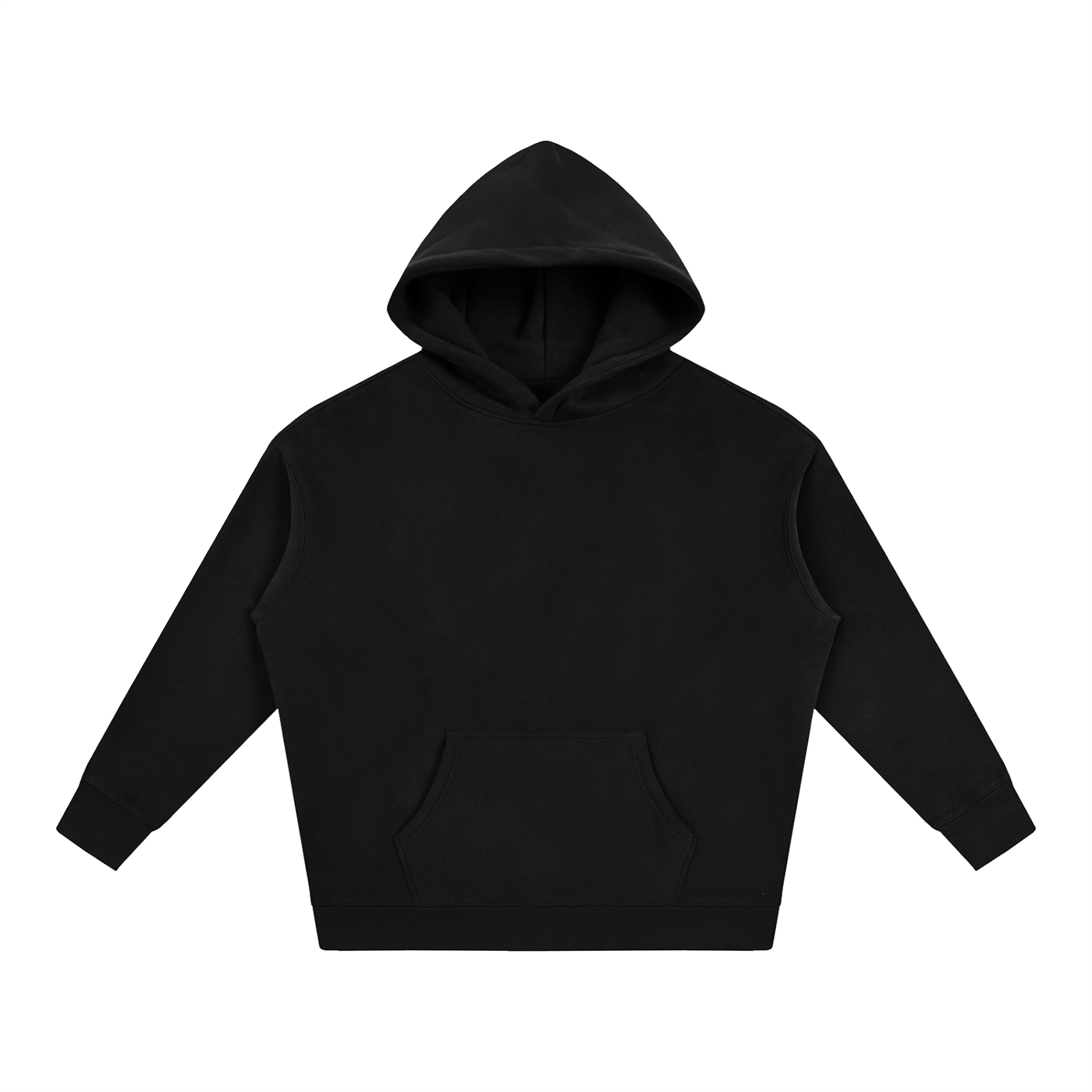 Black oversize fleece hoodie with hood and kangaroo pocket, long sleeves.