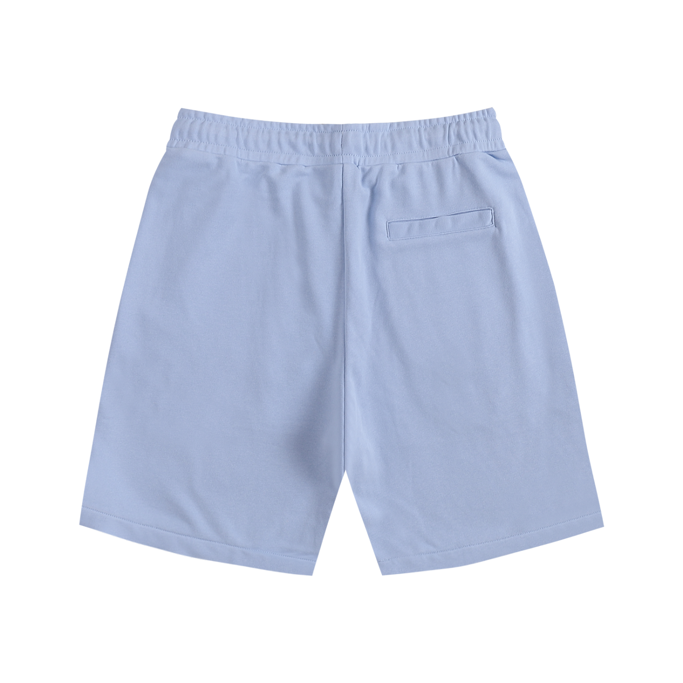 Sky blue cotton shorts with elastic waistband, drawstring, and side pockets; no front graphic.