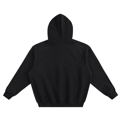 Black oversized pullover hoodie, back view with hood