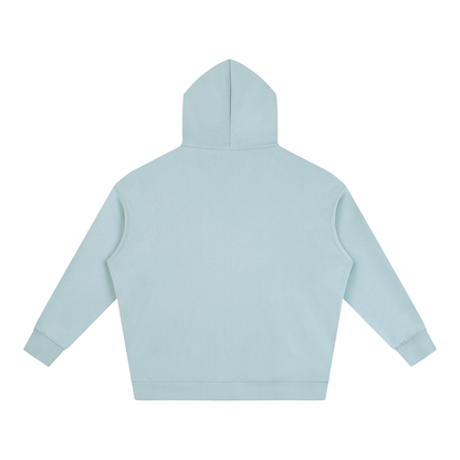 Light blue oversized fleece hoodie hooded back view, long sleeves, kangaroo pocket.