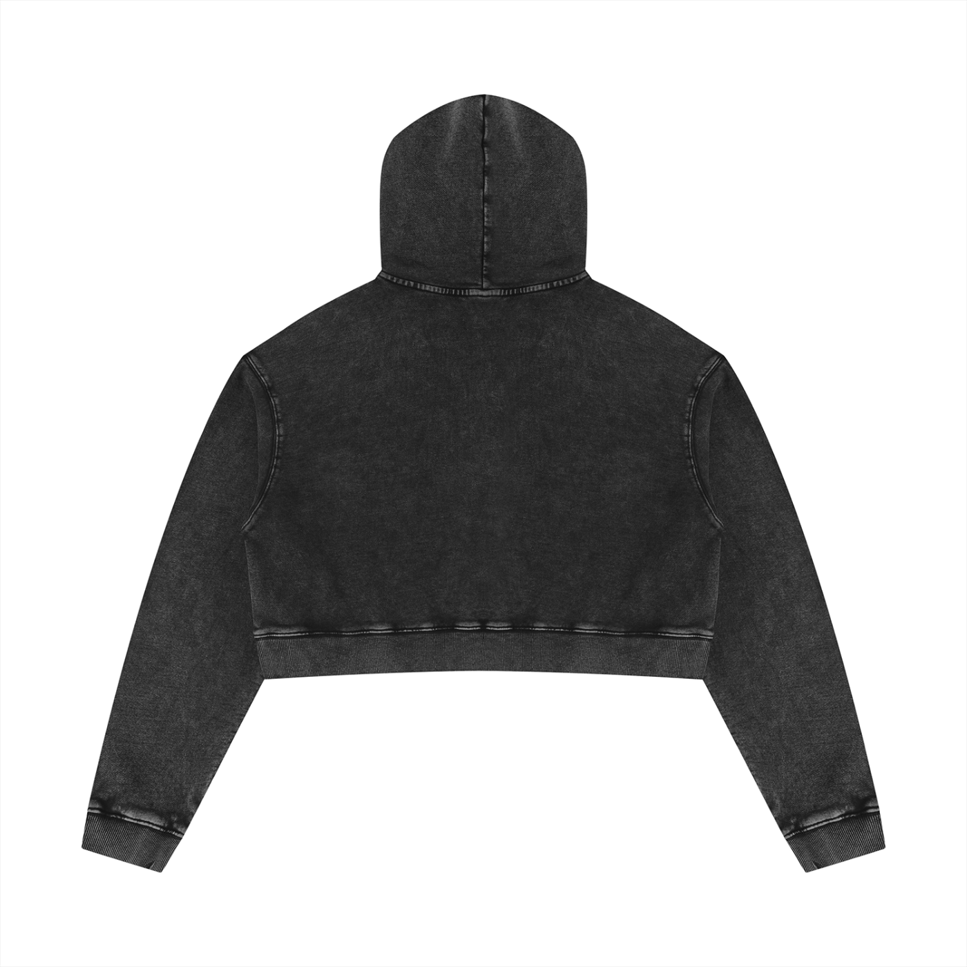 Black mineral-washed crop hoodie with hood and back yoke seam detail