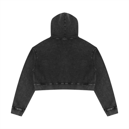 Black mineral-washed crop hoodie with hood and back yoke seam detail
