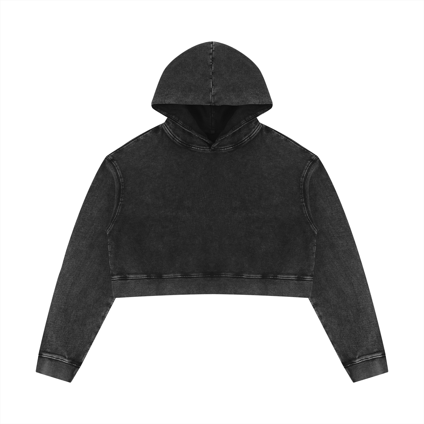 Black mineral-washed crop hoodie with hood and front seam detail