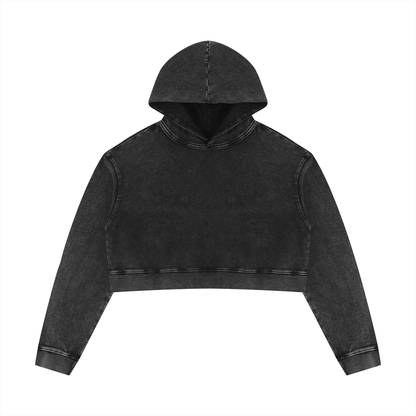 Black mineral-washed crop hoodie with hood and front seam detail