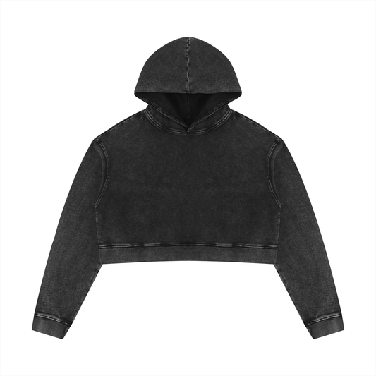 Black mineral-washed crop hoodie with hood and front seam detail