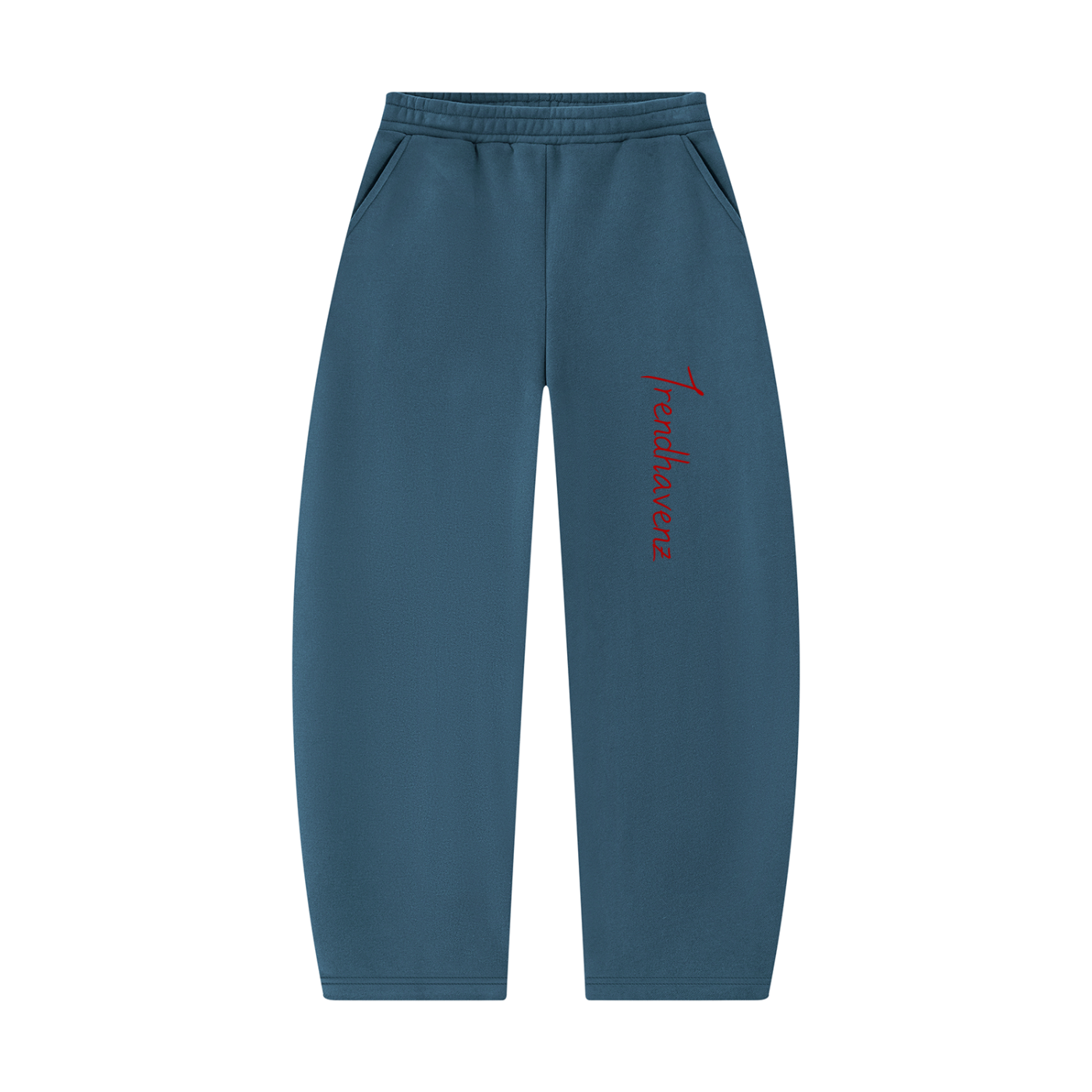 Teal barrel-leg unisex sweatpants with red logo and elastic waistband
