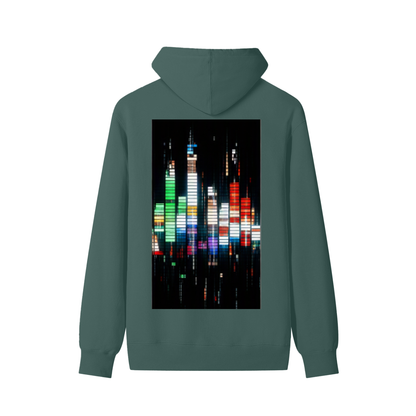 Unisex cotton hoodie in muted green with colorful glitch city graphic on back