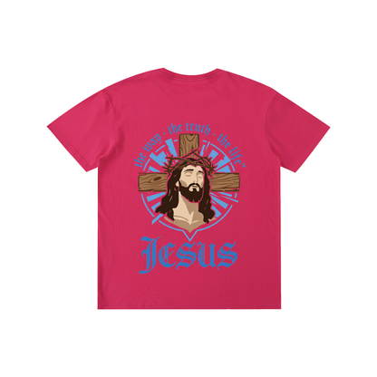Unisex cotton T-shirt, light pink, Jesus logo with blue sunburst
