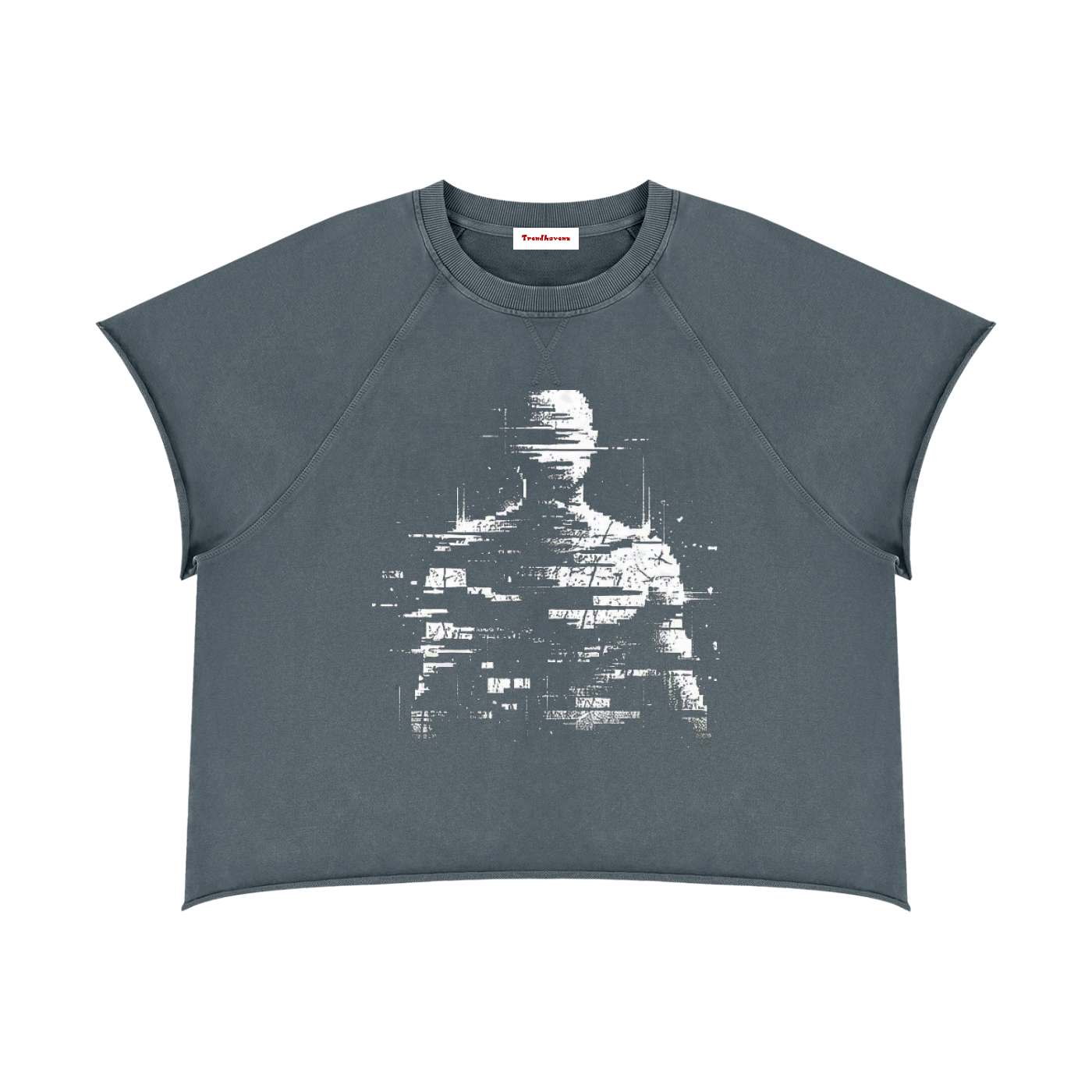 Gray blue boxy crewneck T-shirt with distressed glitch statue graphic on front