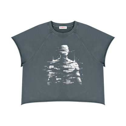 Gray blue boxy crewneck T-shirt with distressed glitch statue graphic on front