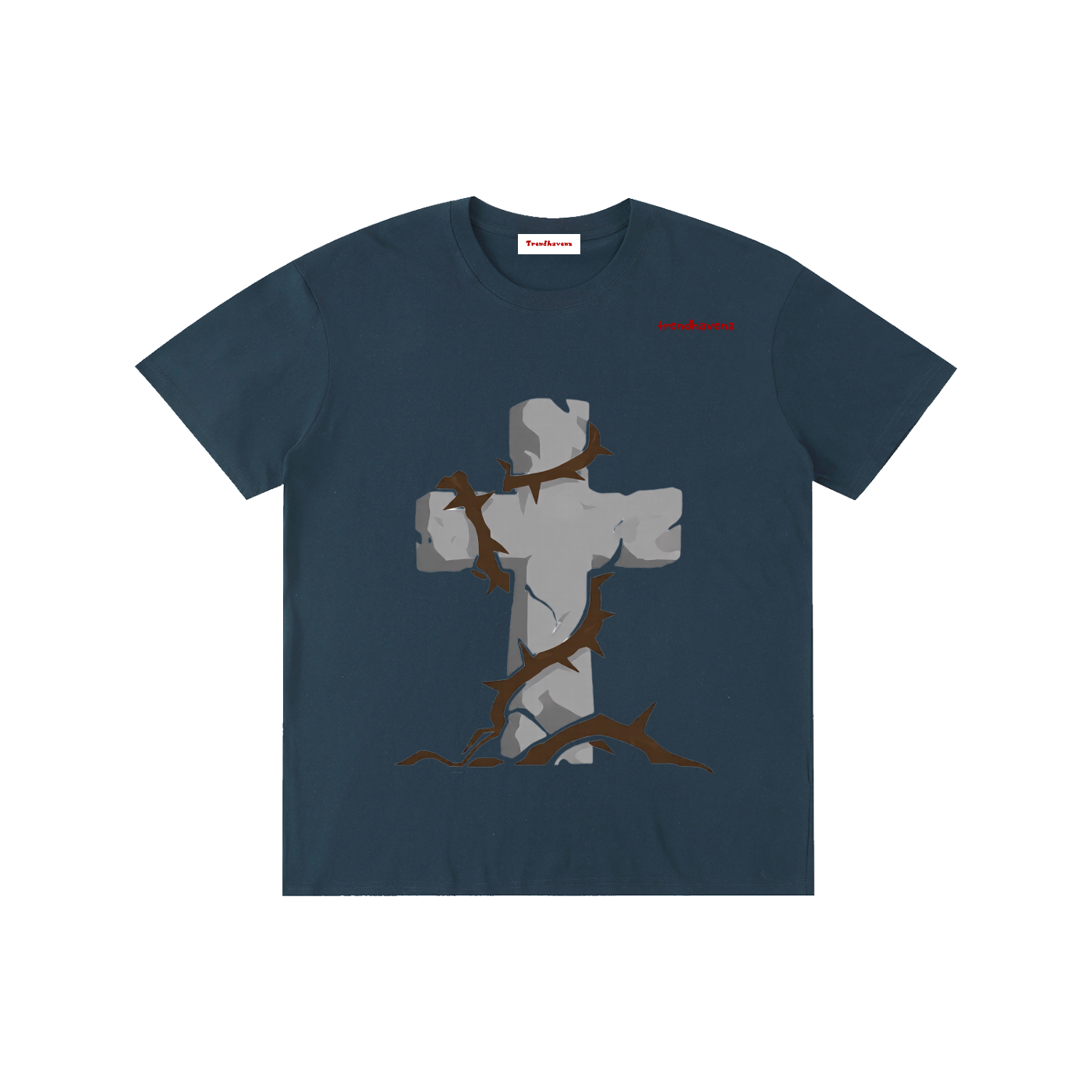 Unisex cotton T-shirt, navy blue, gray Jesus kneeling graphic