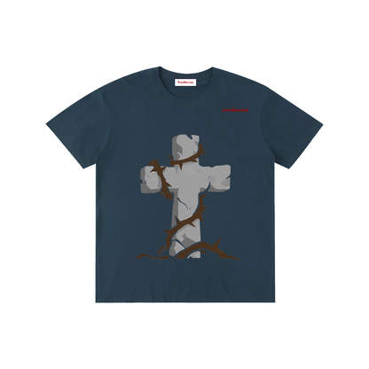 Unisex cotton T-shirt, navy blue, gray Jesus kneeling graphic