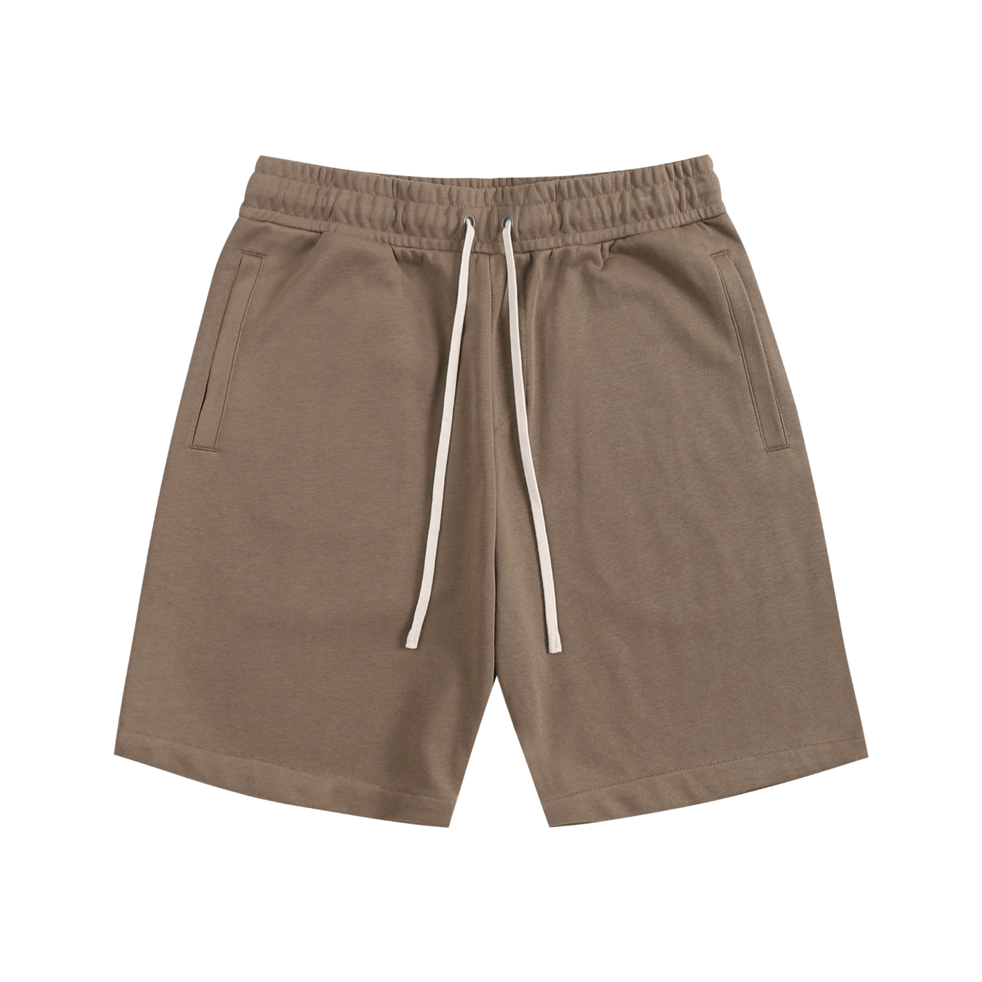 Cotton streetwear shorts, coffee brown with elastic waistband and drawstring, side pockets