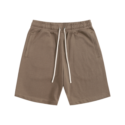 Cotton streetwear shorts, coffee brown with elastic waistband and drawstring, side pockets