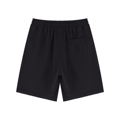 Washed black unisex drawstring shorts, back view with side pocket