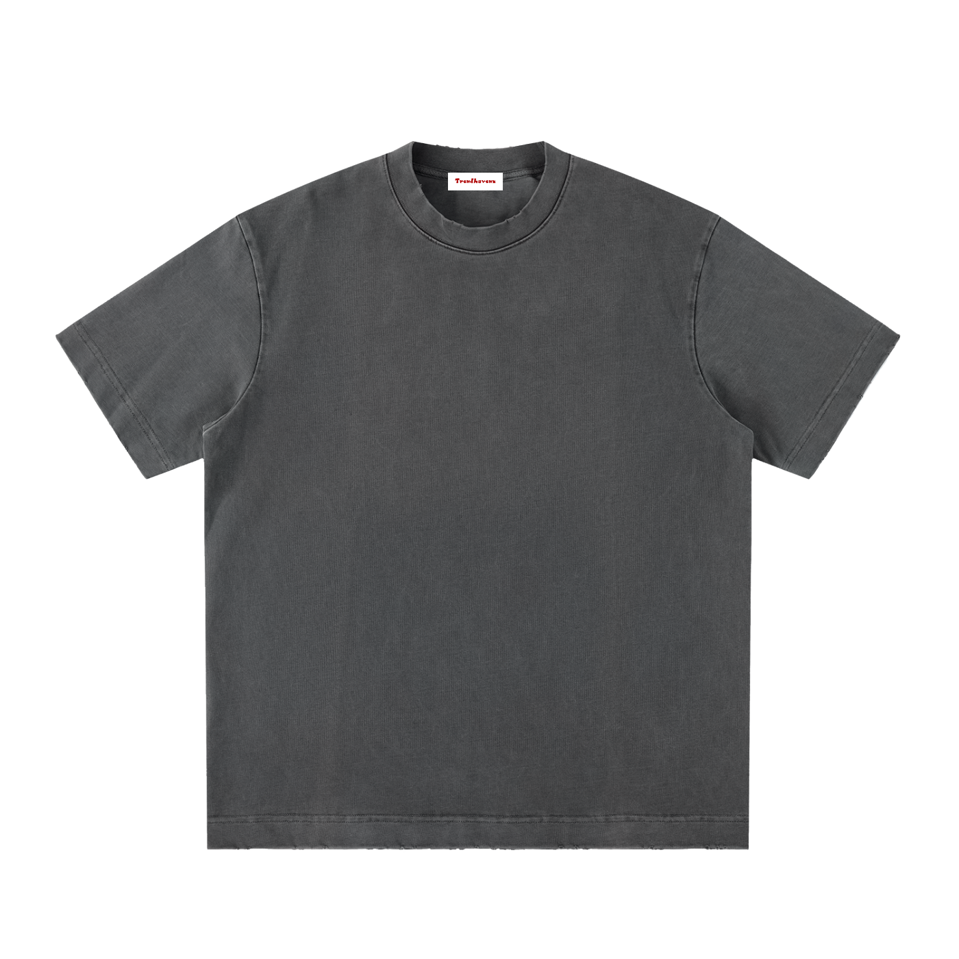 Vintage-washed dark gray t-shirt, crew neck, short sleeves, front view