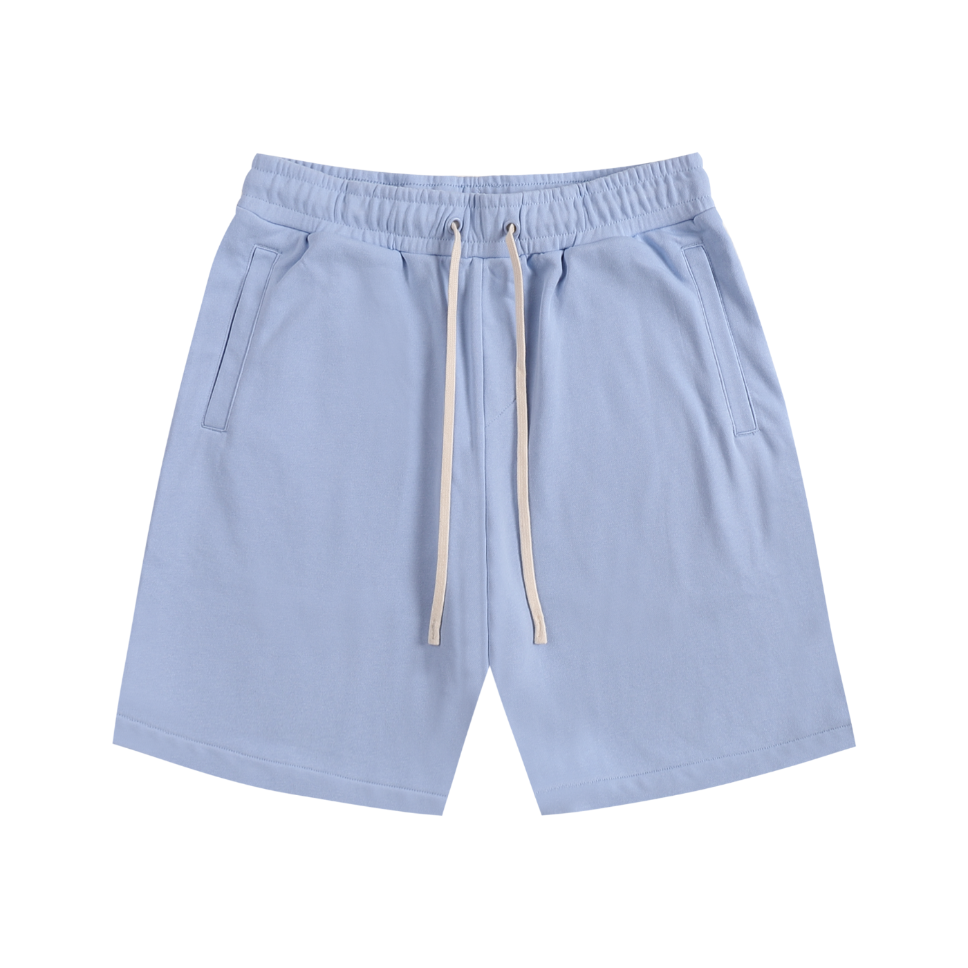 Sky blue cotton drawstring shorts with elastic waistband and side pockets