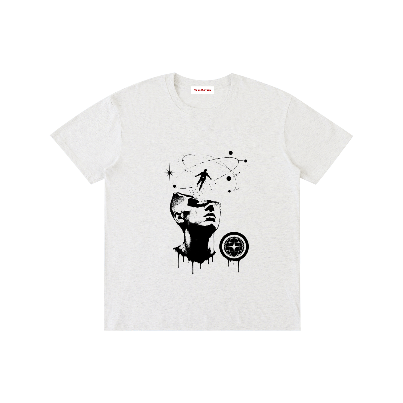 Unisex T-shirt, light heather white, crew neck, short sleeves, front face graphic print