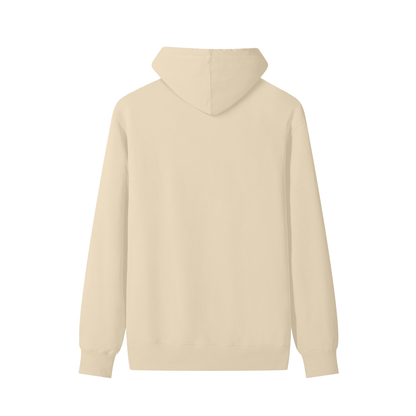 Unisex cotton hoodie in khaki/beige, back view with hood and ribbed cuffs.