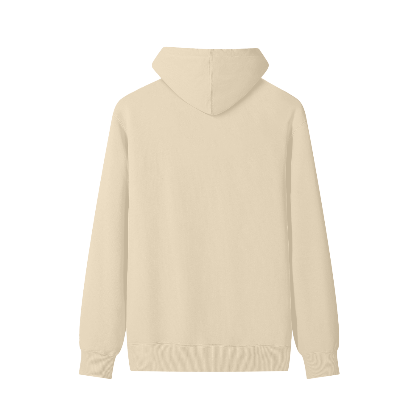 Cotton pullover hoodie, light beige, back view with adjustable drawstring hood