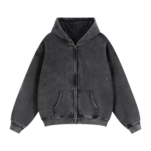 Acid-washed black zip-up hoodie with front pockets and hood