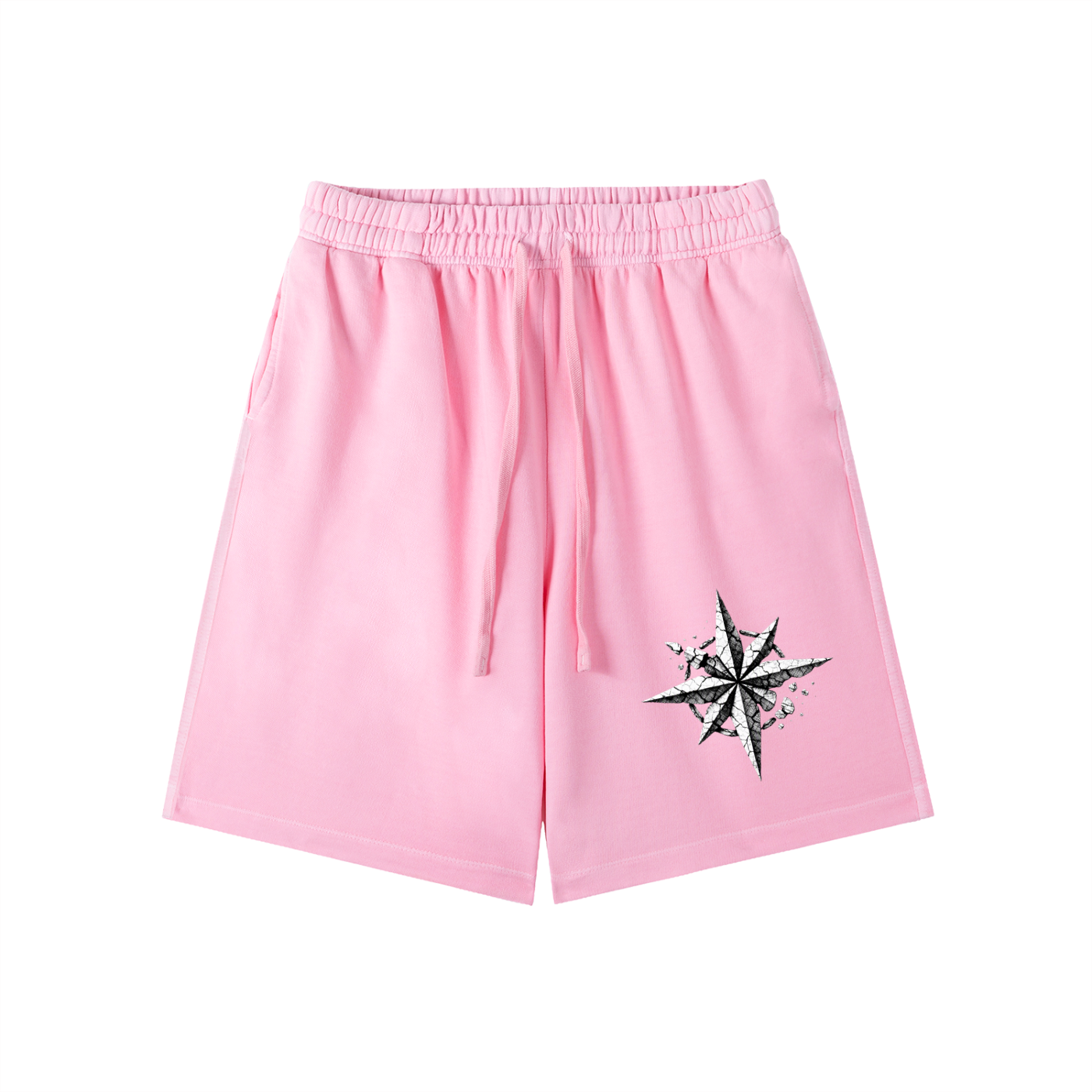 Light pink vintage-wash cotton shorts with elastic waistband, drawstring, and star graphic