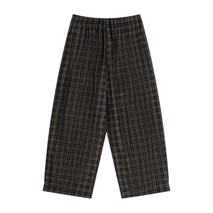 Unisex black plaid wide-leg pants with elastic waistband and relaxed fit