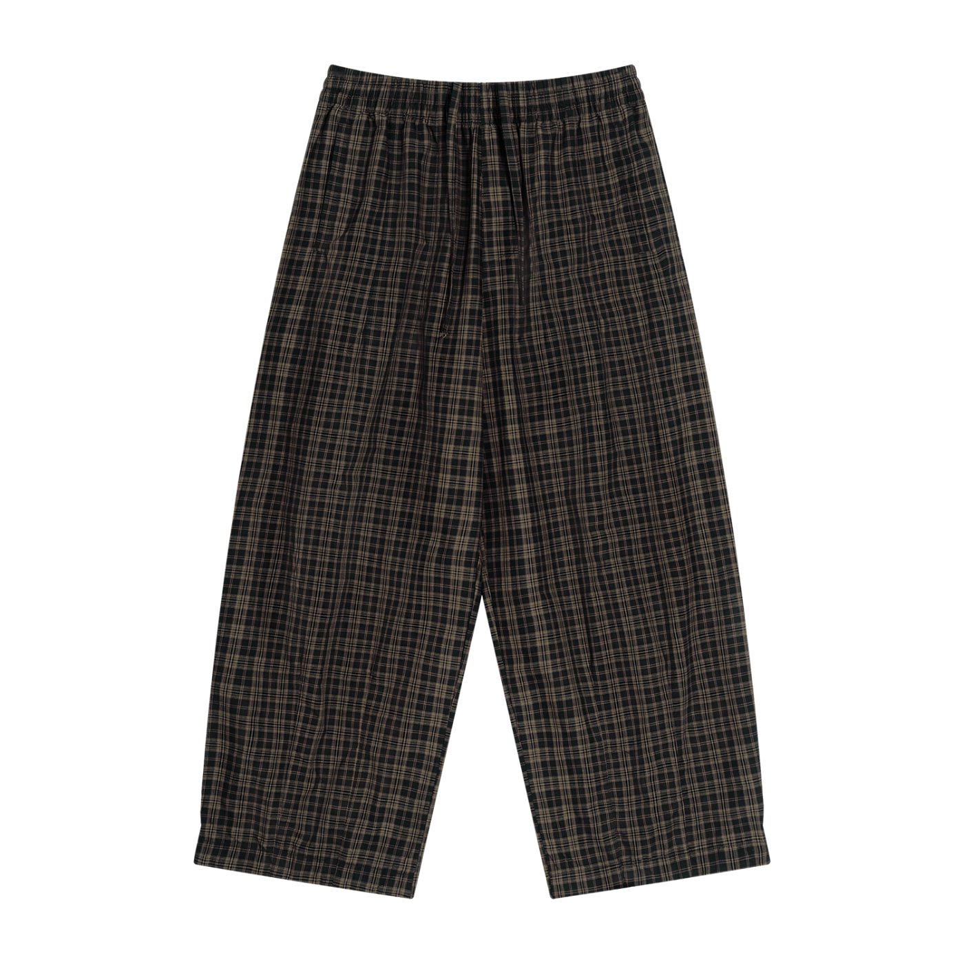 Black plaid wide-leg pants with elastic waistband and gathered front