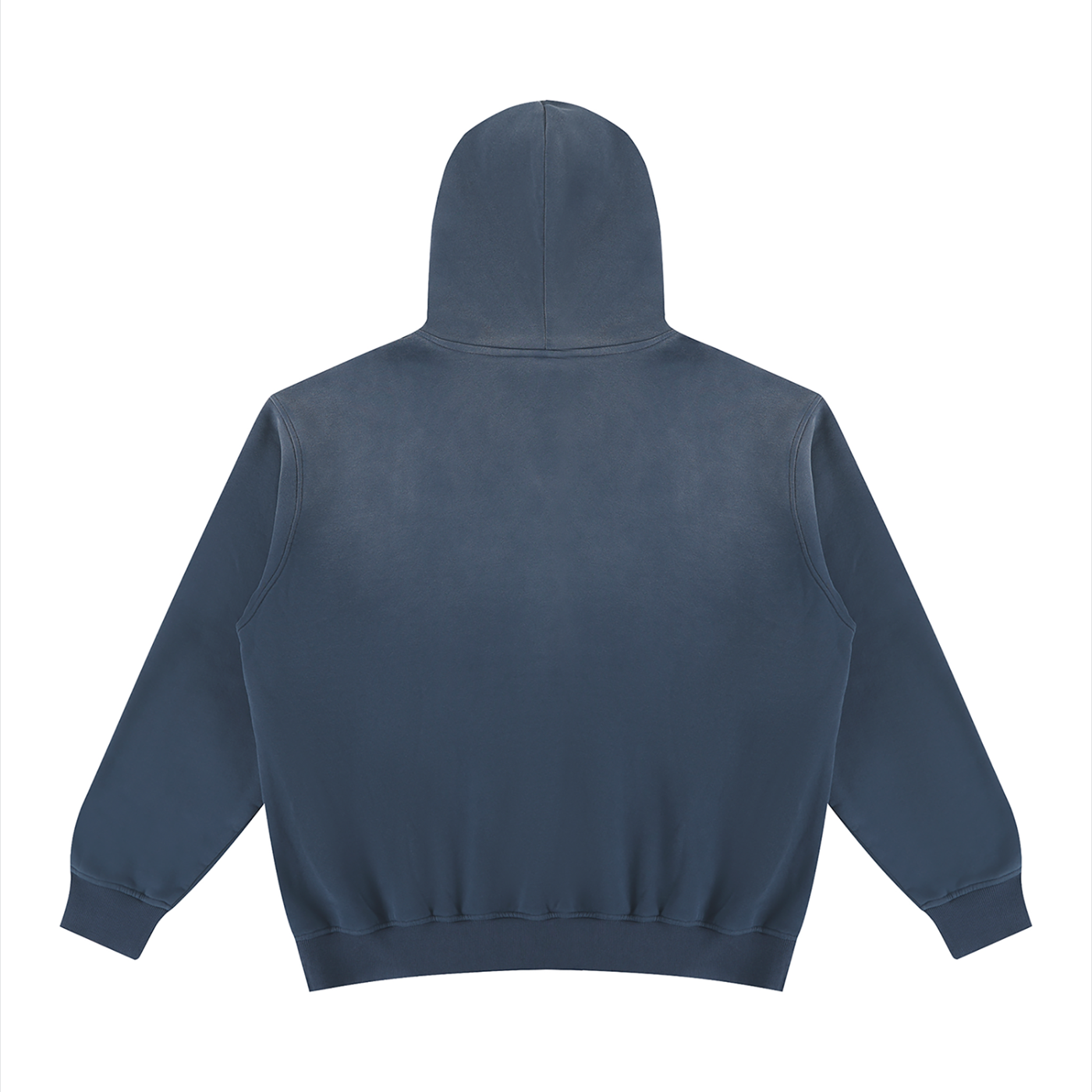Unisex vintage wash fleece hoodie, washed blue, back view with hood and no visible print