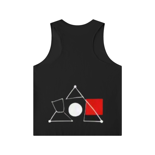Men's crewneck tank top in black with geometric shapes graphic in white and red
