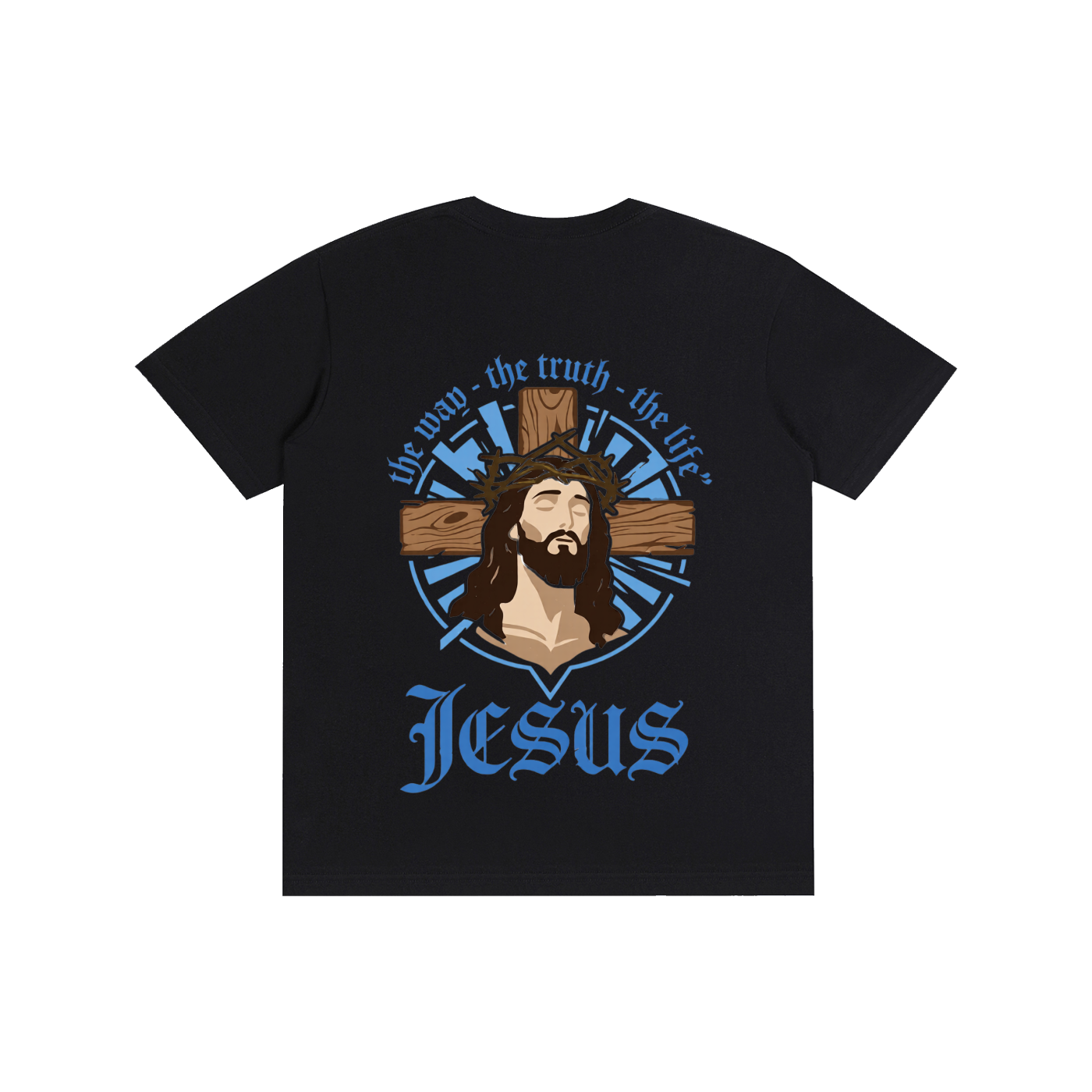 Unisex pure cotton T-shirt, dark charcoal with blue Jesus emblem and text graphic